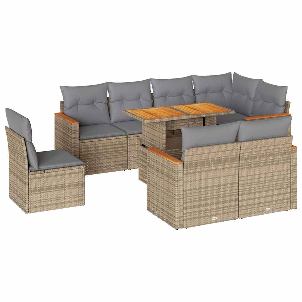 Set Divano da Giardino 9 pz con Cuscini Beige Polyrattan Acacia | homemem39