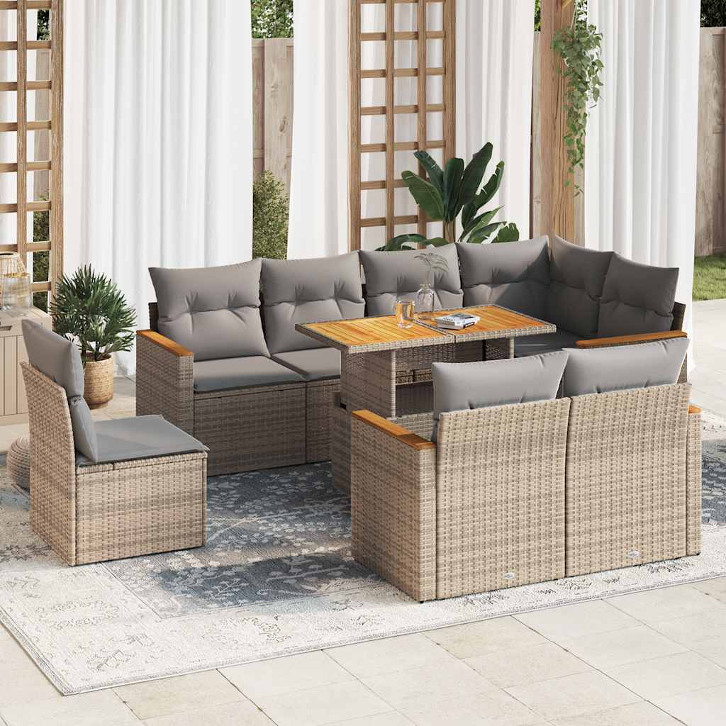 Set Divano da Giardino 9 pz con Cuscini Beige Polyrattan Acacia | homemem39