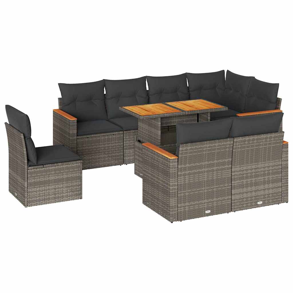 Set Divano da Giardino 9pz con Cuscini Grigio Polyrattan Acacia | homemem39