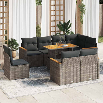 Set Divano da Giardino 9pz con Cuscini Grigio Polyrattan Acacia | homemem39