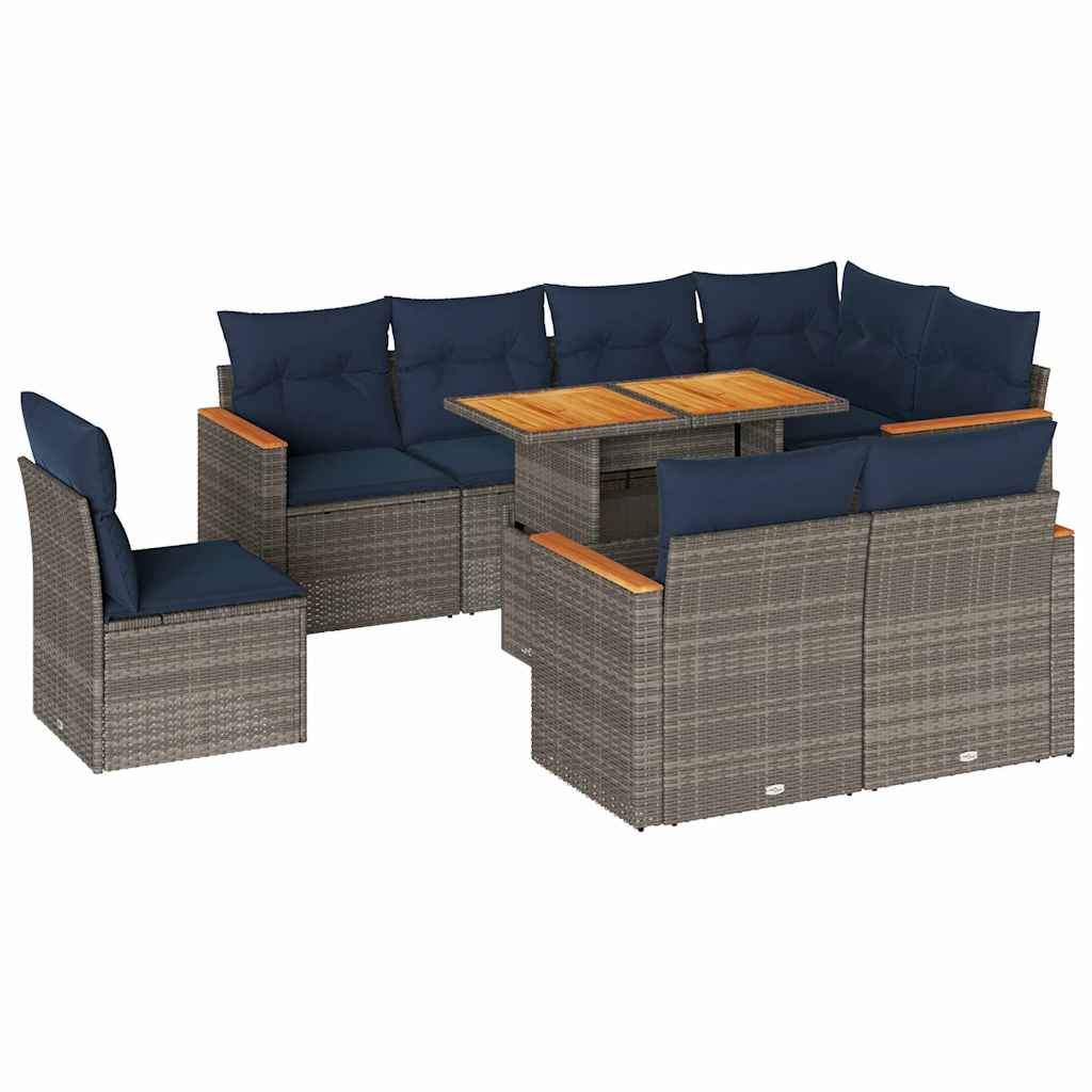 Set Divano da Giardino 9 pz con Cuscini Grigio in Polyrattan