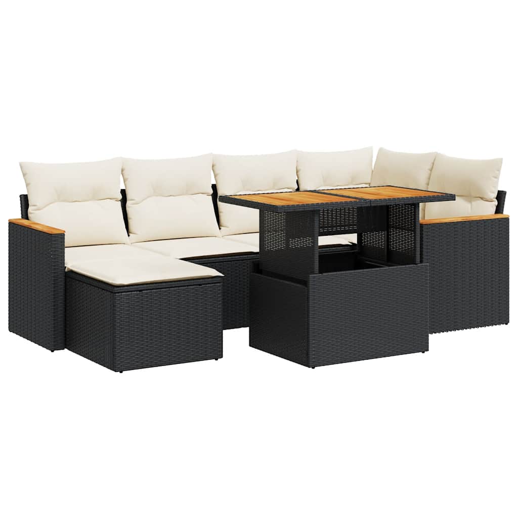 Set Divani da Giardino con Cuscini 7pz Nero Polyrattan Acacia | homemem39