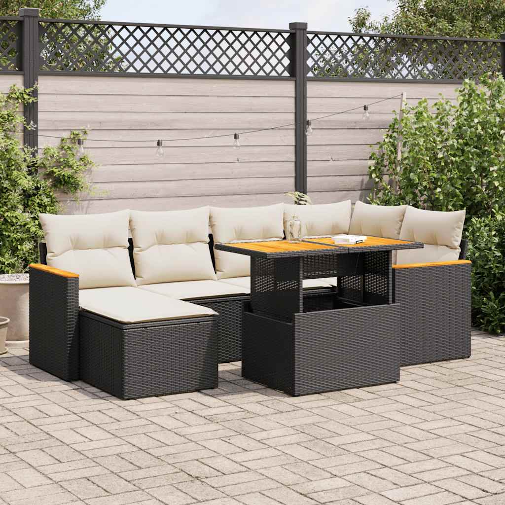 Set Divani da Giardino con Cuscini 7pz Nero Polyrattan Acacia | homemem39