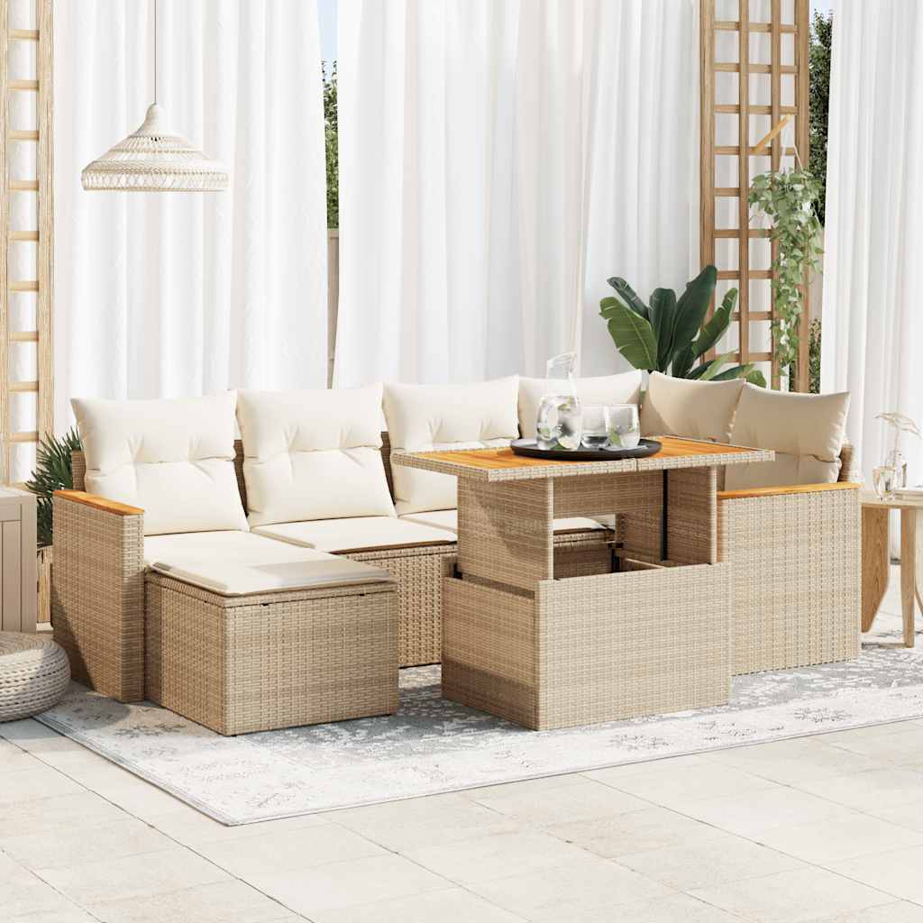 Set Divani da Giardino 7 pz con Cuscini Beige Polyrattan Acacia | homemem39