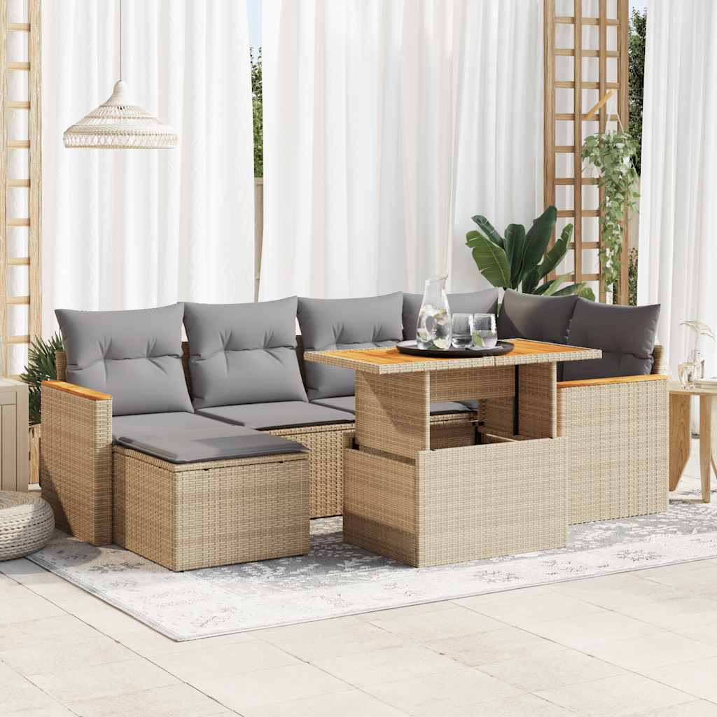 Set Divani da Giardino 7 pz con Cuscini Beige Polyrattan Acacia | homemem39