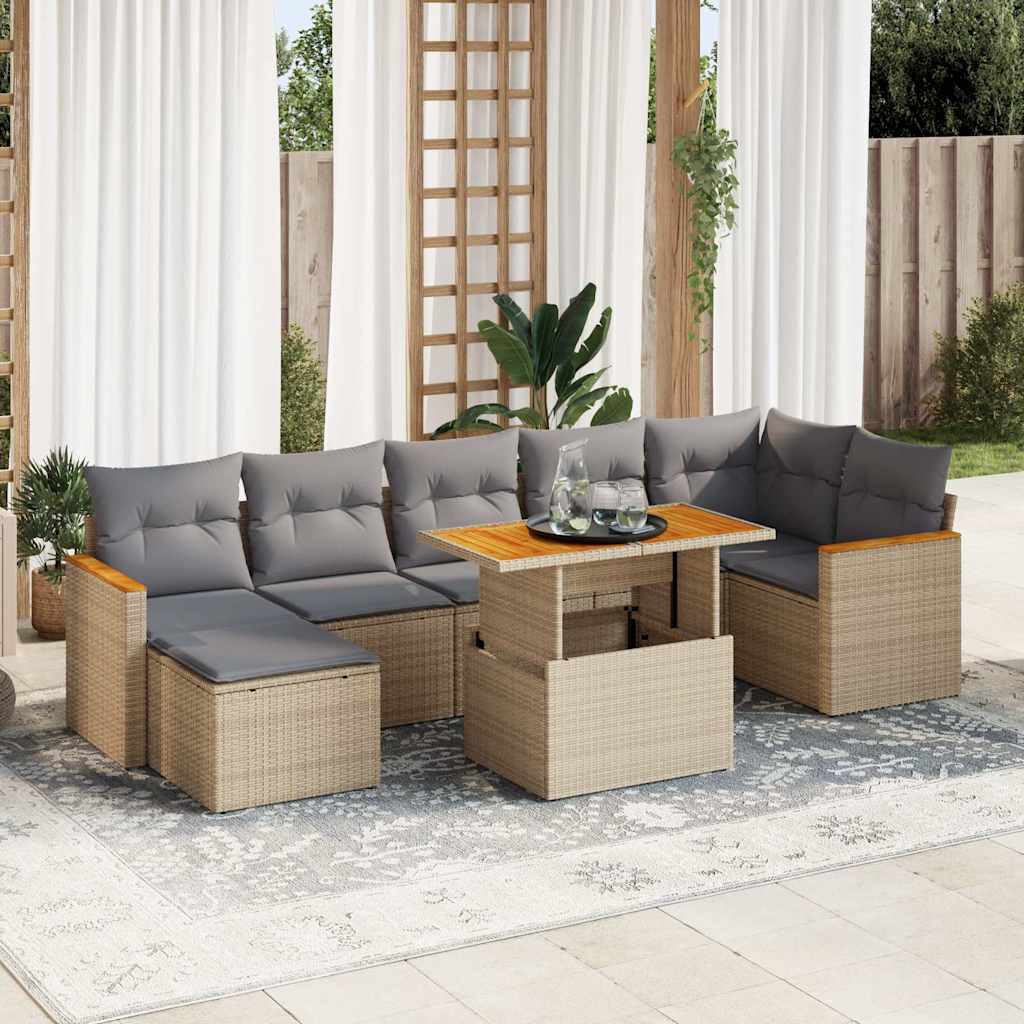 Set Divano da Giardino 8 pz con Cuscini Beige Polyrattan Acacia
