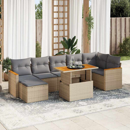 Set Divano da Giardino 8 pz con Cuscini Beige Polyrattan Acacia