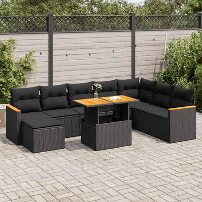 Set Divani da Giardino 9 pz con Cuscini Nero Polyrattan Acacia | homemem39