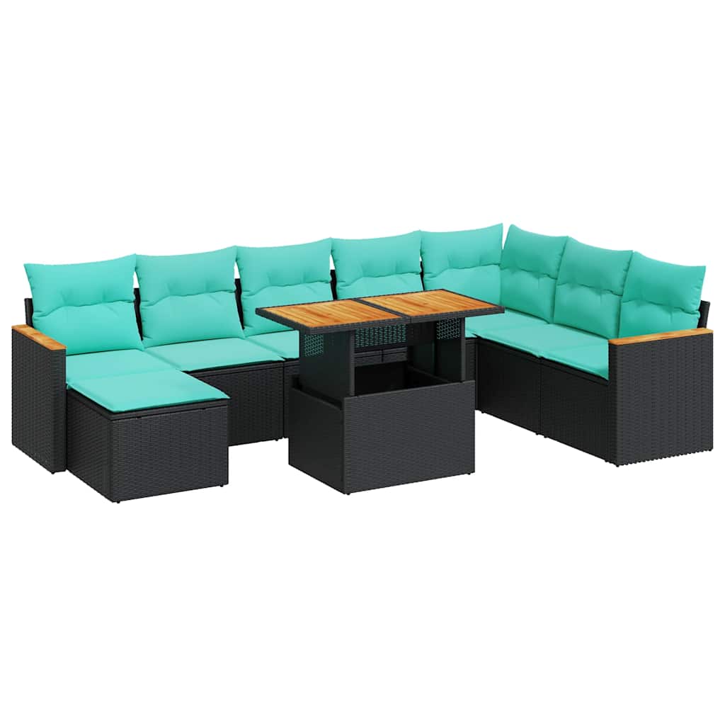 Set Divani da Giardino 9 pz con Cuscini Nero in Polyrattan | homemem39