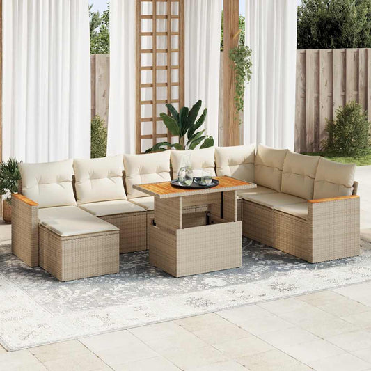 Set Divano da Giardino 9 pz con Cuscini Beige Polyrattan Acacia