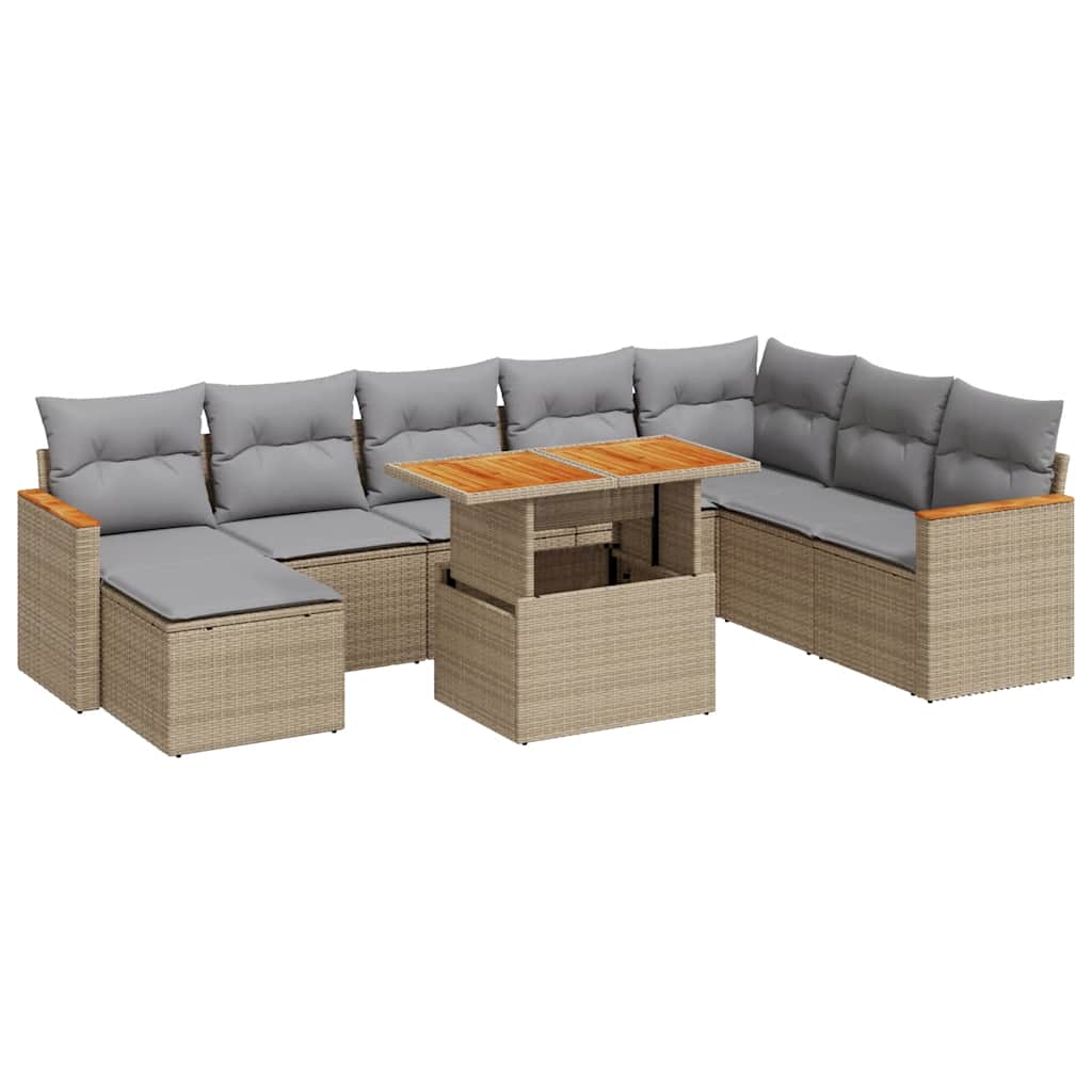 Set Divano da Giardino 9 pz con Cuscini Beige Polyrattan Acacia | homemem39