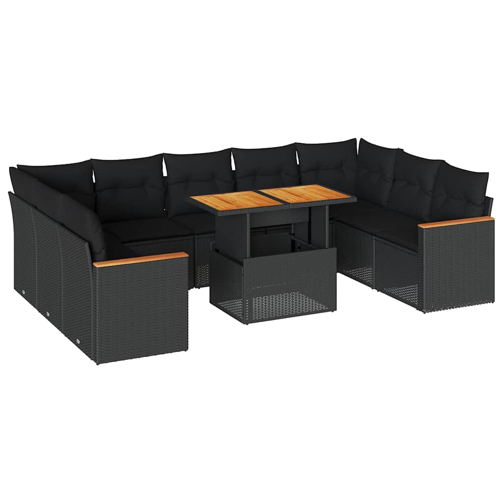 Set Divani Giardino 10pz con Cuscini Nero in Polyrattan Acacia | homemem39