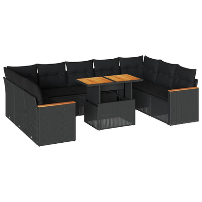 Set Divani Giardino 10pz con Cuscini Nero in Polyrattan Acacia | homemem39