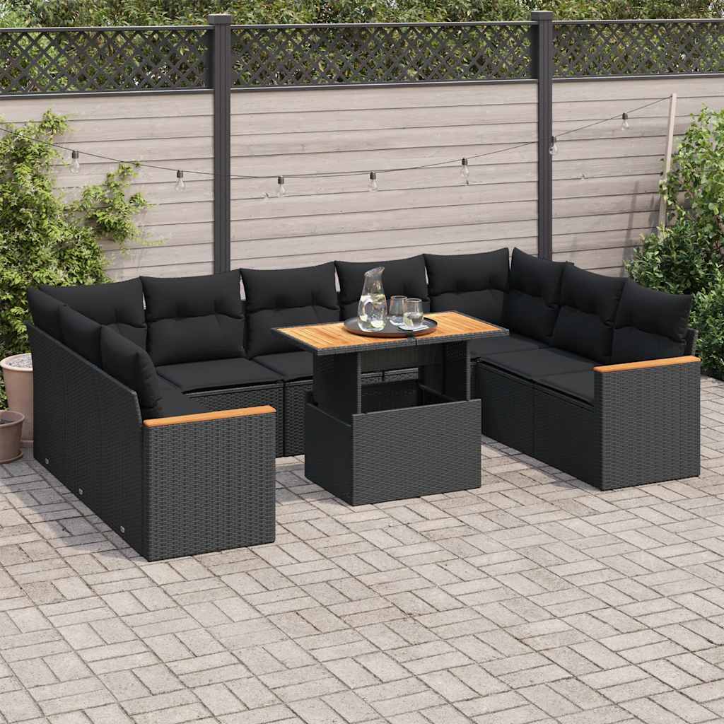 Set Divani Giardino 10pz con Cuscini Nero in Polyrattan Acacia | homemem39