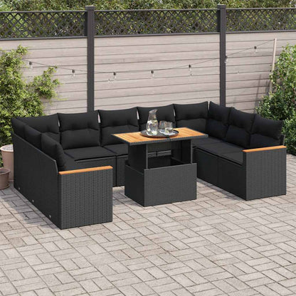 Set Divani Giardino 10pz con Cuscini Nero in Polyrattan Acacia | homemem39