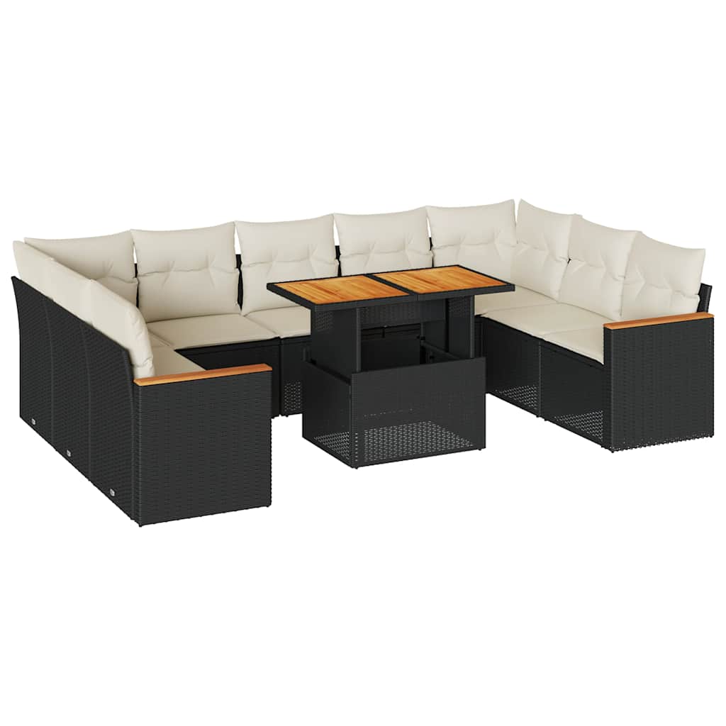 Set Divani Giardino 10pz con Cuscini Nero in Polyrattan Acacia | homemem39
