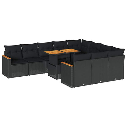 Set Divani da Giardino 11 pz con Cuscini Polyrattan Acacia Nero | homemem39