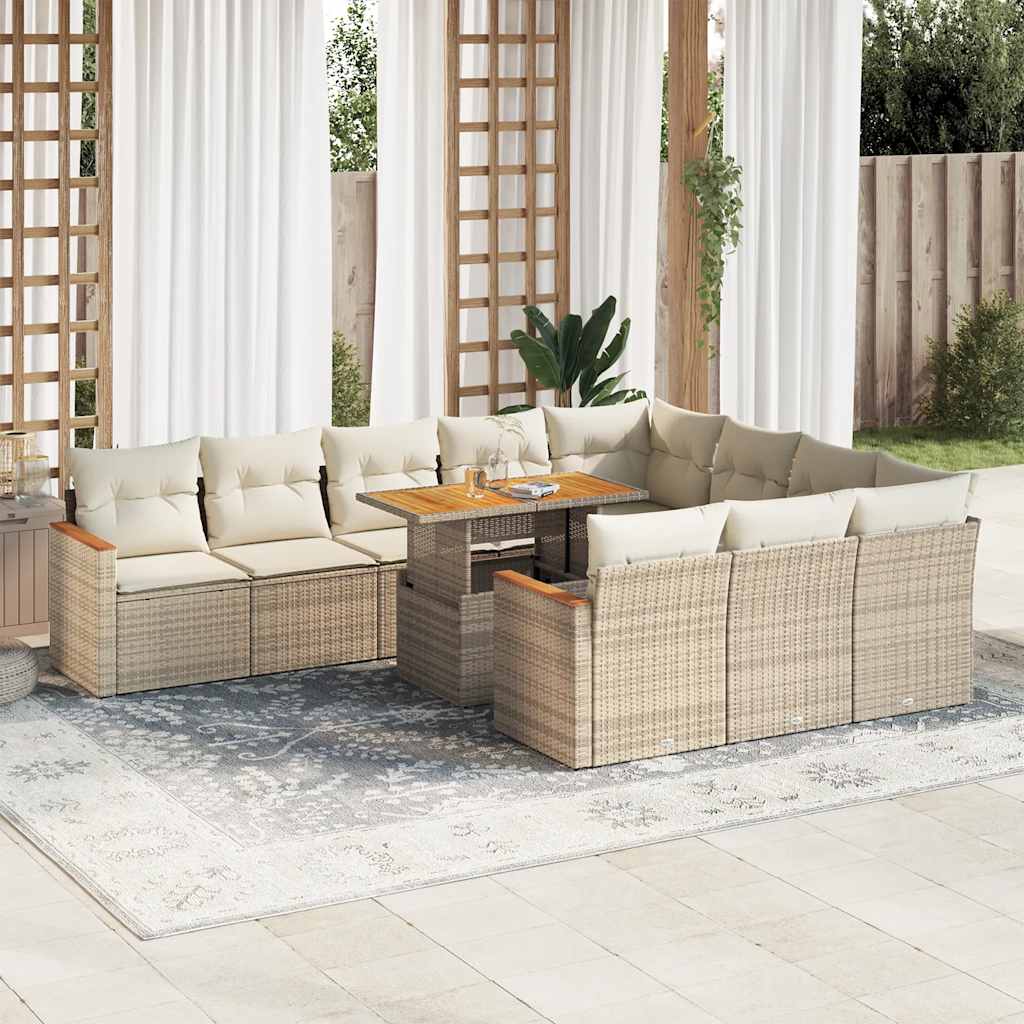 Set Divani da Giardino 11pz con Cuscini Beige Acacia Polyrattan | homemem39