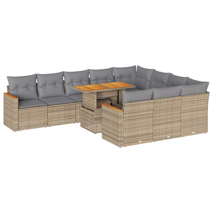 Set Divani da Giardino 11pz con Cuscini Beige Acacia Polyrattan