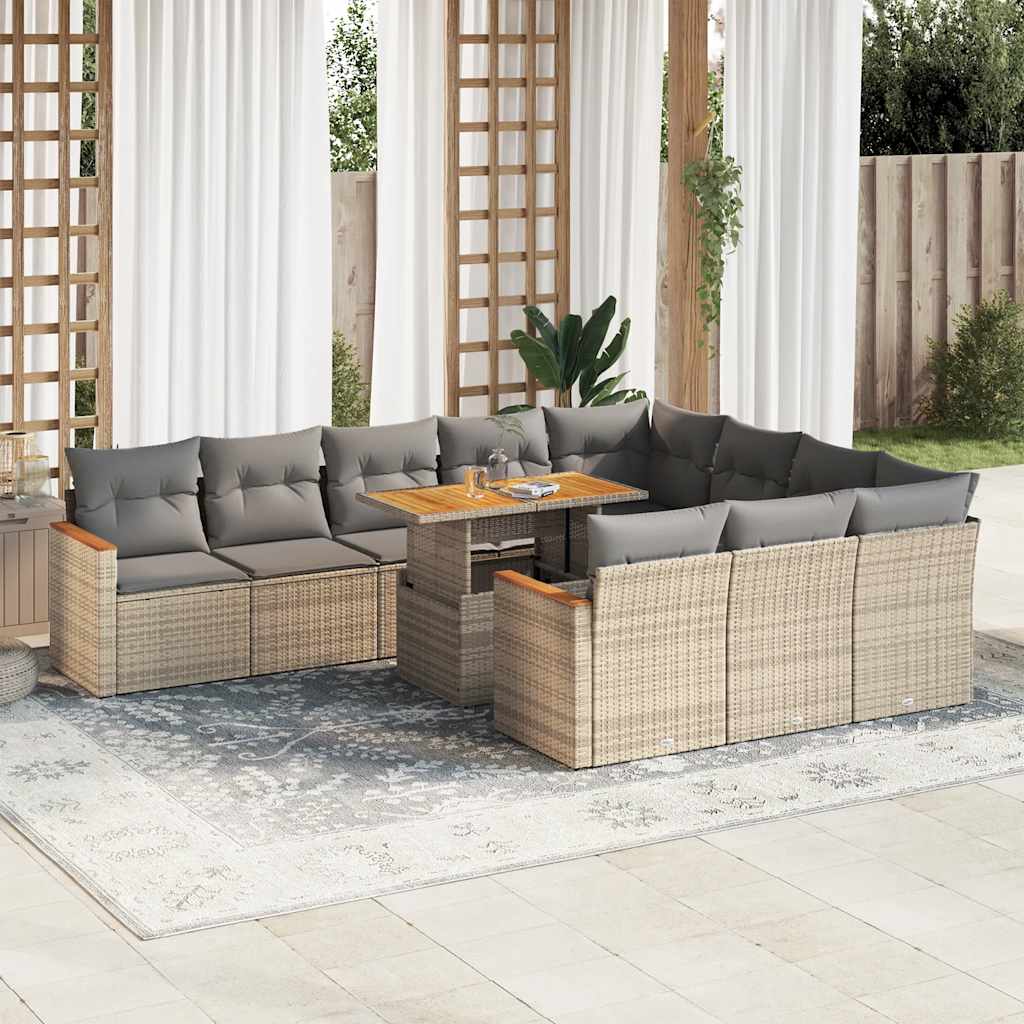 Set Divani da Giardino 11pz con Cuscini Beige Acacia Polyrattan | homemem39