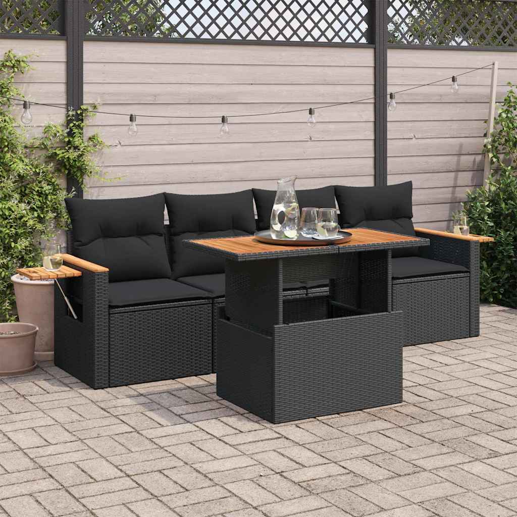 Set Divani da Giardino 5 pz con Cuscini Nero Polyrattan Acacia | homemem39