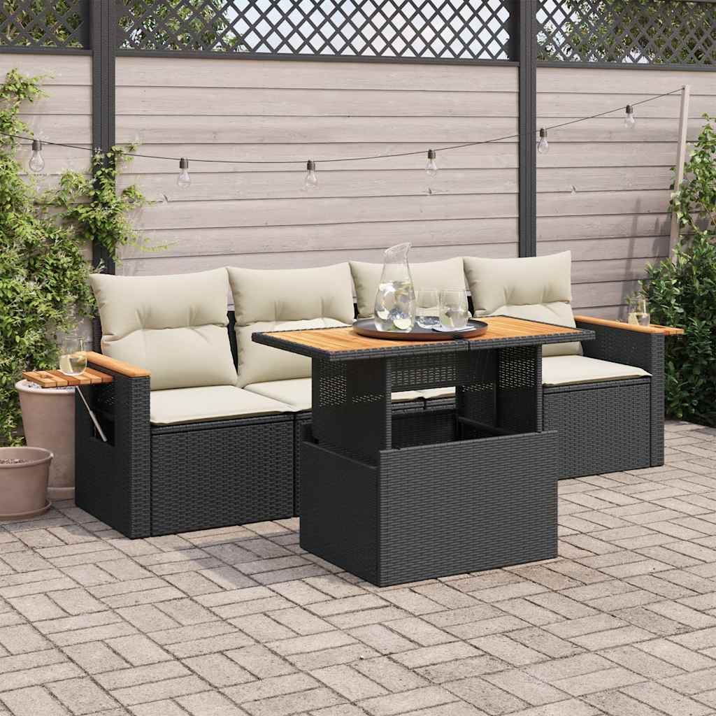 Set Divani da Giardino 5 pz con Cuscini Nero Polyrattan Acacia | homemem39