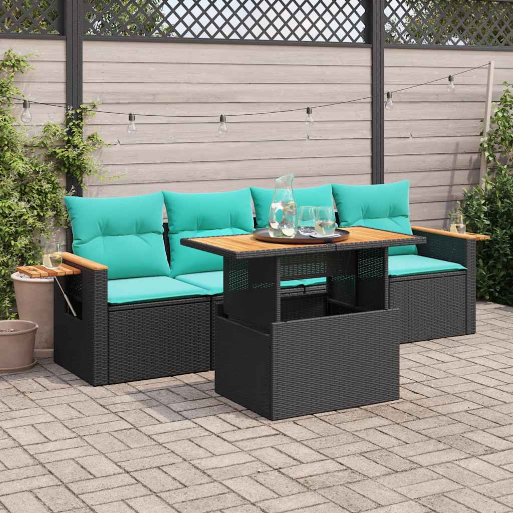 Set Divani da Giardino 5 pz con Cuscini in Polyrattan Nero