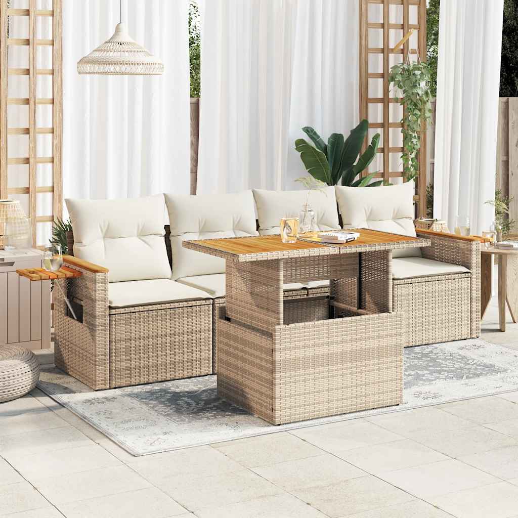 Set Divano da Giardino 5 pz con Cuscini Beige Polyrattan Acacia
