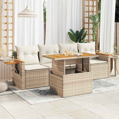 Set Divano da Giardino 5 pz con Cuscini Beige Polyrattan Acacia