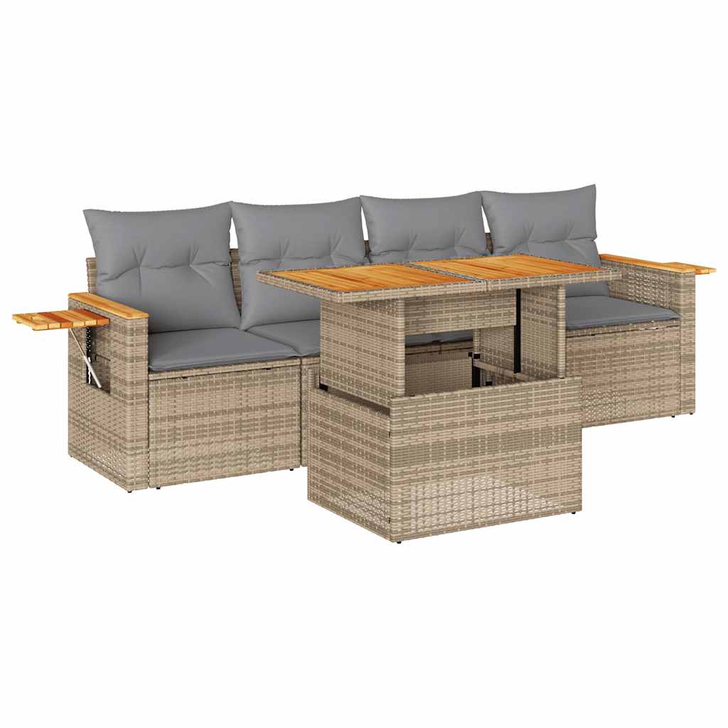 Set Divano da Giardino 5 pz con Cuscini Beige Polyrattan Acacia