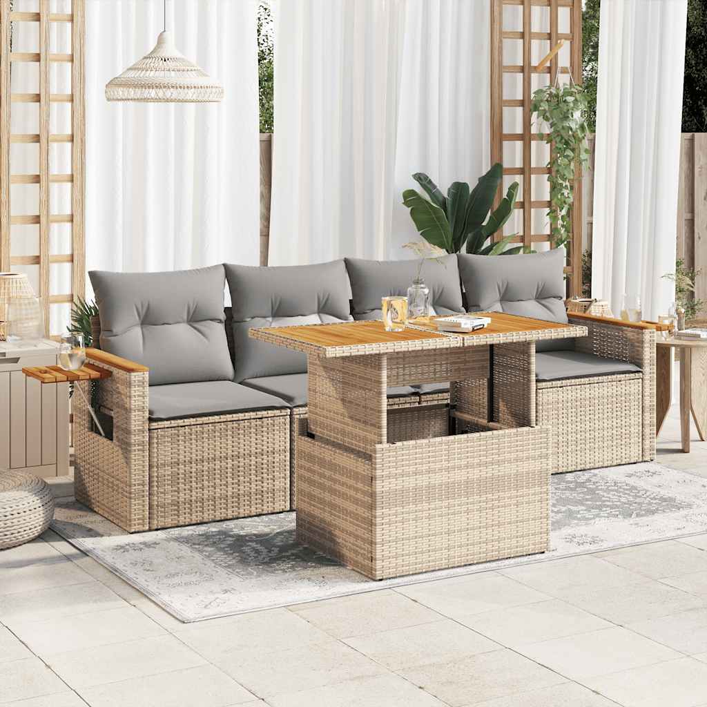 Set Divano da Giardino 5 pz con Cuscini Beige Polyrattan Acacia | homemem39