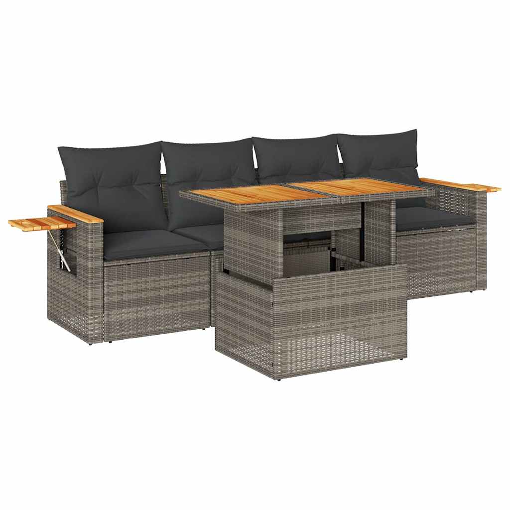 Set Divano Giardino 5 pz con Cuscini Grigio Polyrattan Acacia | homemem39