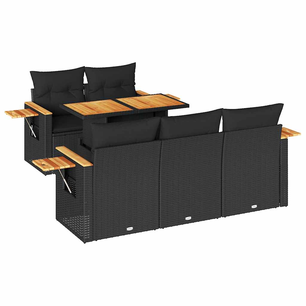Set Divano da Giardino 6 pz con Cuscini Nero Polyrattan Acacia | homemem39