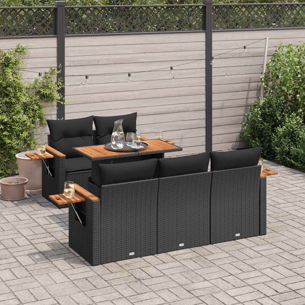 Set Divano da Giardino 6 pz con Cuscini Nero Polyrattan Acacia | homemem39