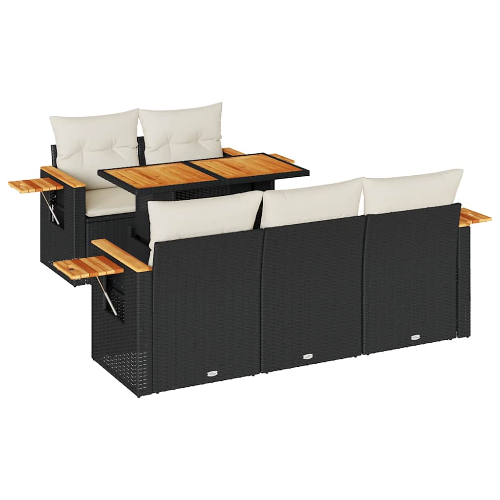 Set Divano da Giardino 6 pz con Cuscini Nero Polyrattan Acacia | homemem39