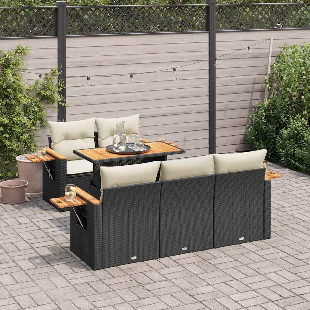 Set Divano da Giardino 6 pz con Cuscini Nero Polyrattan Acacia | homemem39