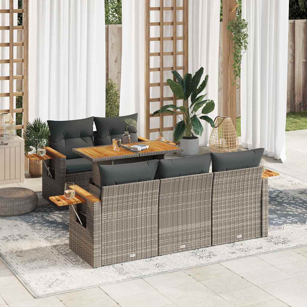 Set Divano da Giardino 6pz con Cuscini Grigio Polyrattan Acacia | homemem39