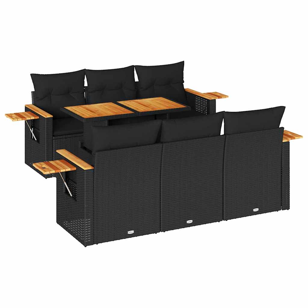 Set Divani da Giardino con Cuscini 7pz Nero Polyrattan Acacia | homemem39