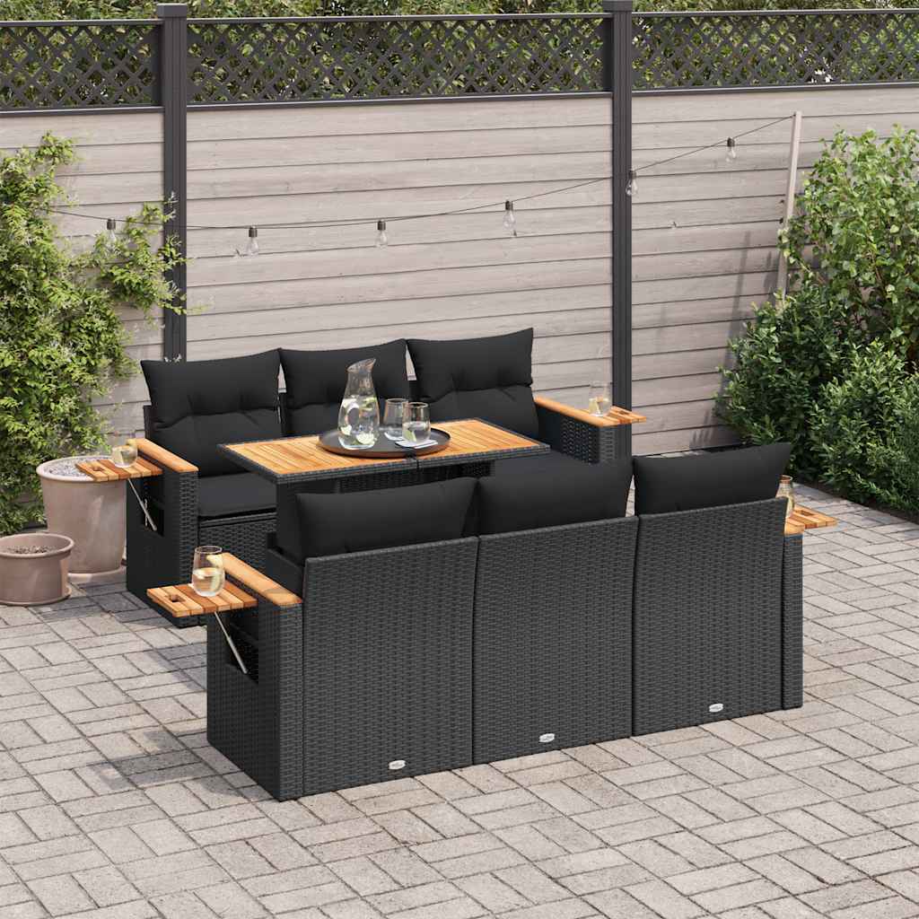 Set Divani da Giardino con Cuscini 7pz Nero Polyrattan Acacia | homemem39