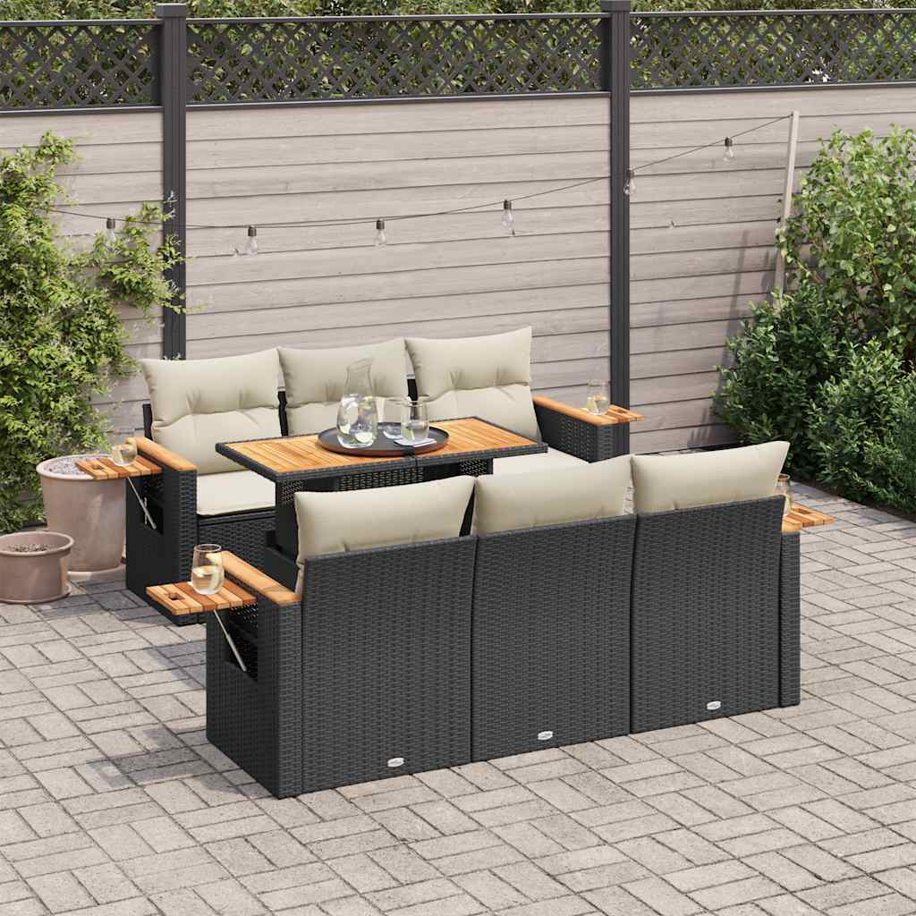 Set Divani da Giardino con Cuscini 7pz Nero Polyrattan Acacia | homemem39