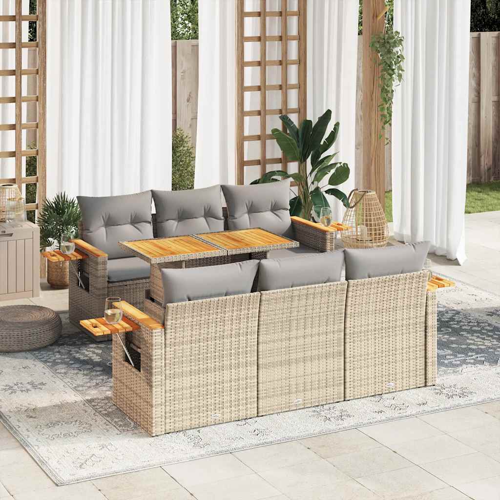 Set Divani da Giardino 7 pz con Cuscini Beige Polyrattan Acacia