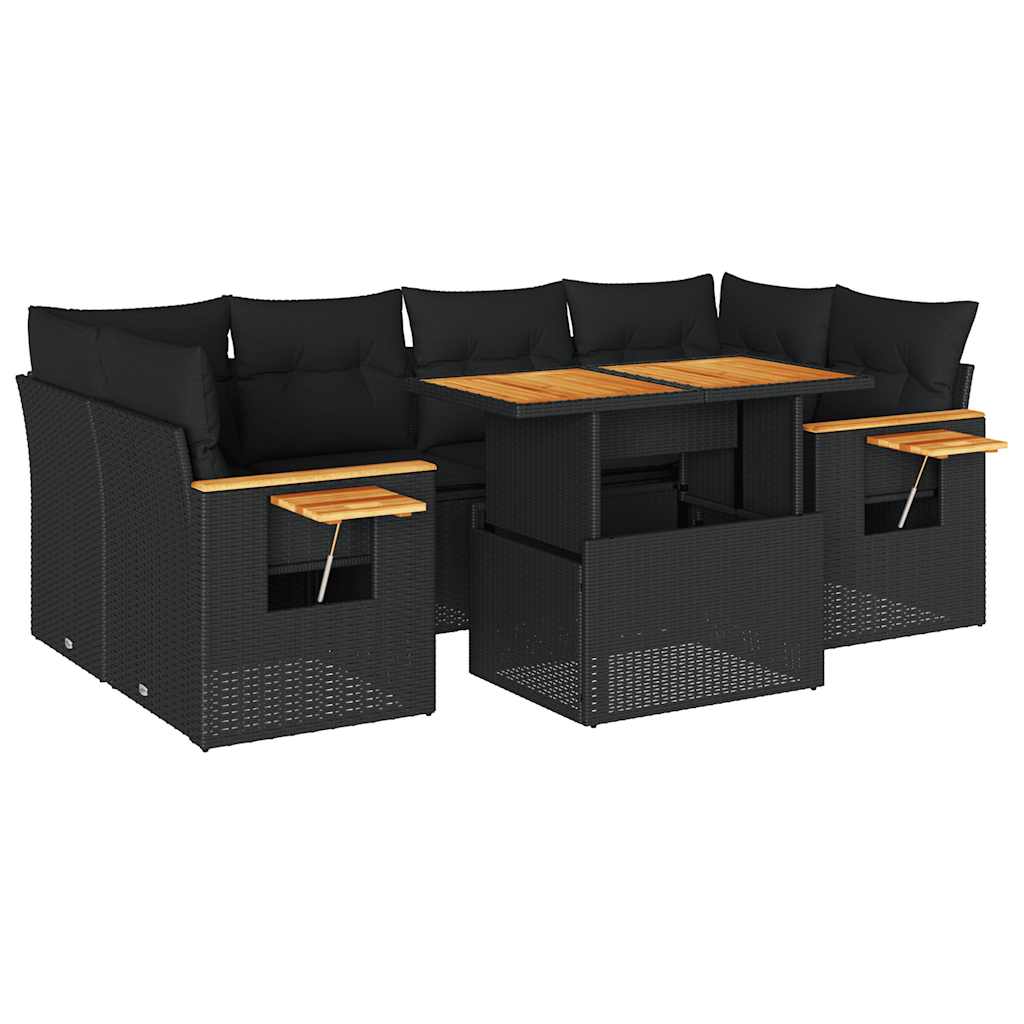 Set Divani da Giardino con Cuscini 7pz Nero Polyrattan Acacia | homemem39