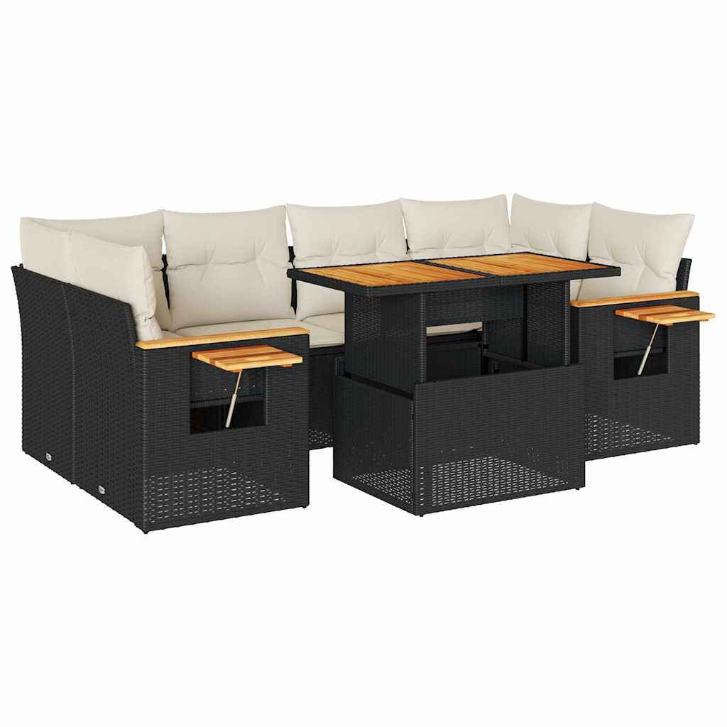 Set Divani da Giardino con Cuscini 7pz Nero Polyrattan Acacia | homemem39