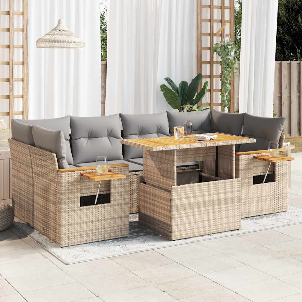 Set Divani da Giardino 7 pz con Cuscini Beige Polyrattan Acacia | homemem39