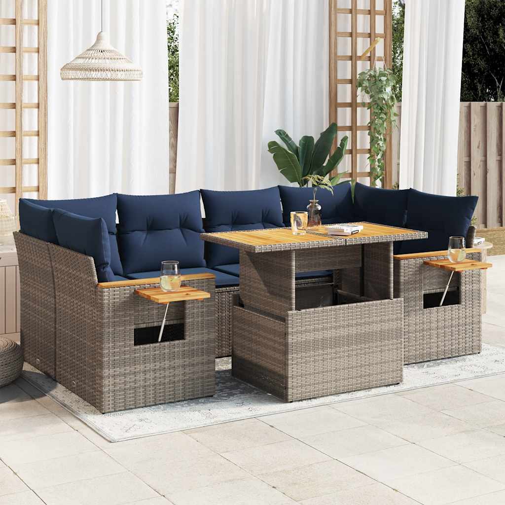 Set Divani da Giardino 7 pz con Cuscini Grigio in Polyrattan