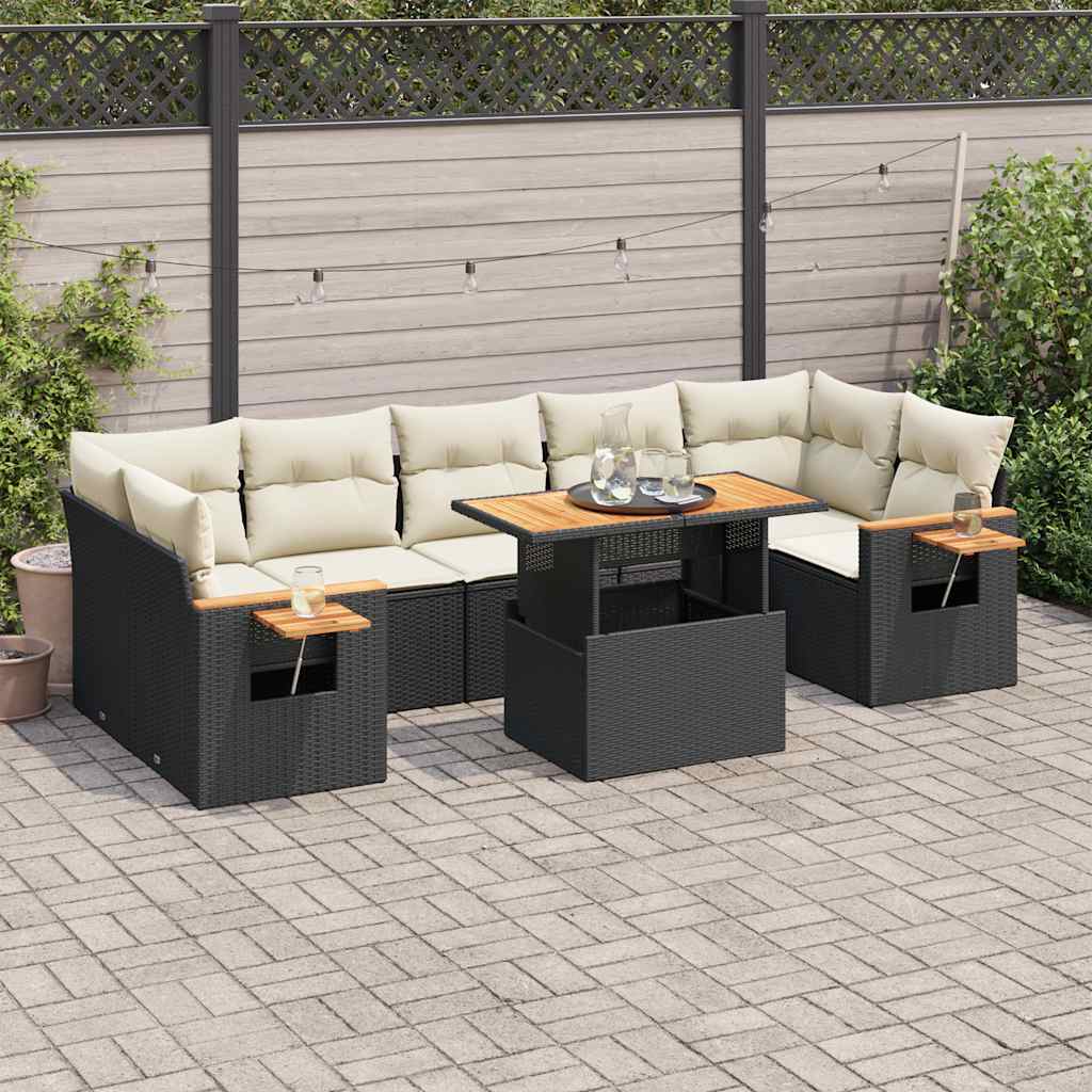 Set Divani da Giardino con Cuscini 8 pz Nero Polyrattan Acacia | homemem39