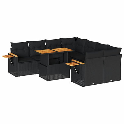 Set Divani da Giardino 9 pz con Cuscini Nero Polyrattan Acacia | homemem39
