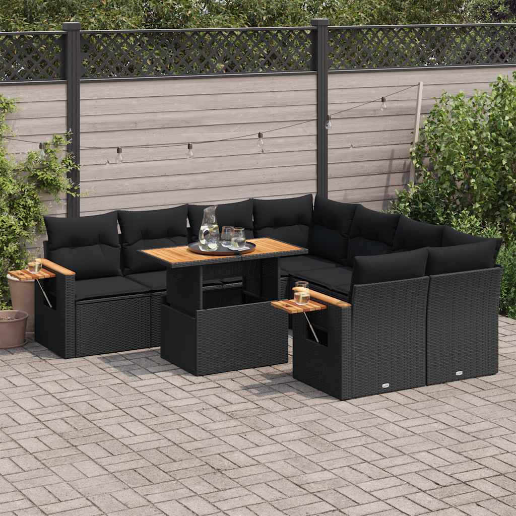Set Divani da Giardino 9 pz con Cuscini Nero Polyrattan Acacia