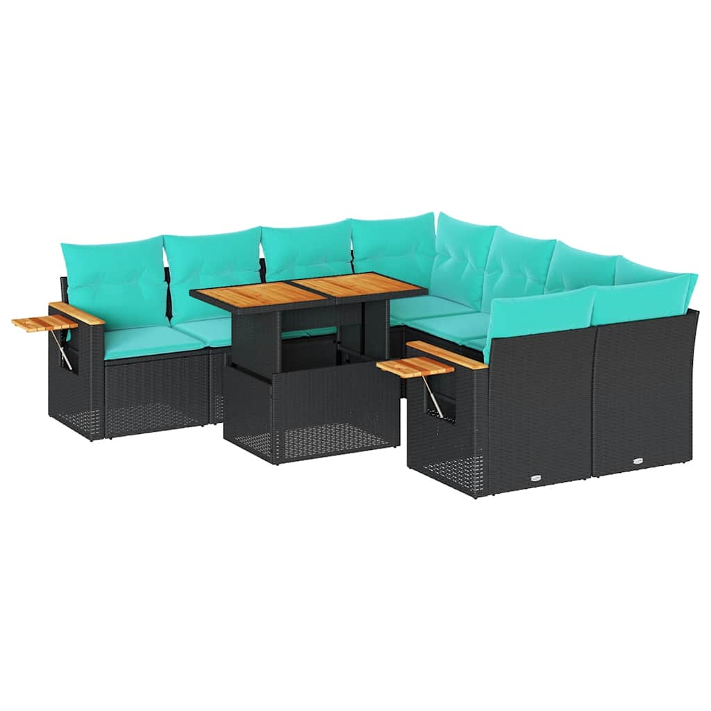 Set Divani da Giardino 9 pz con Cuscini Nero in Polyrattan