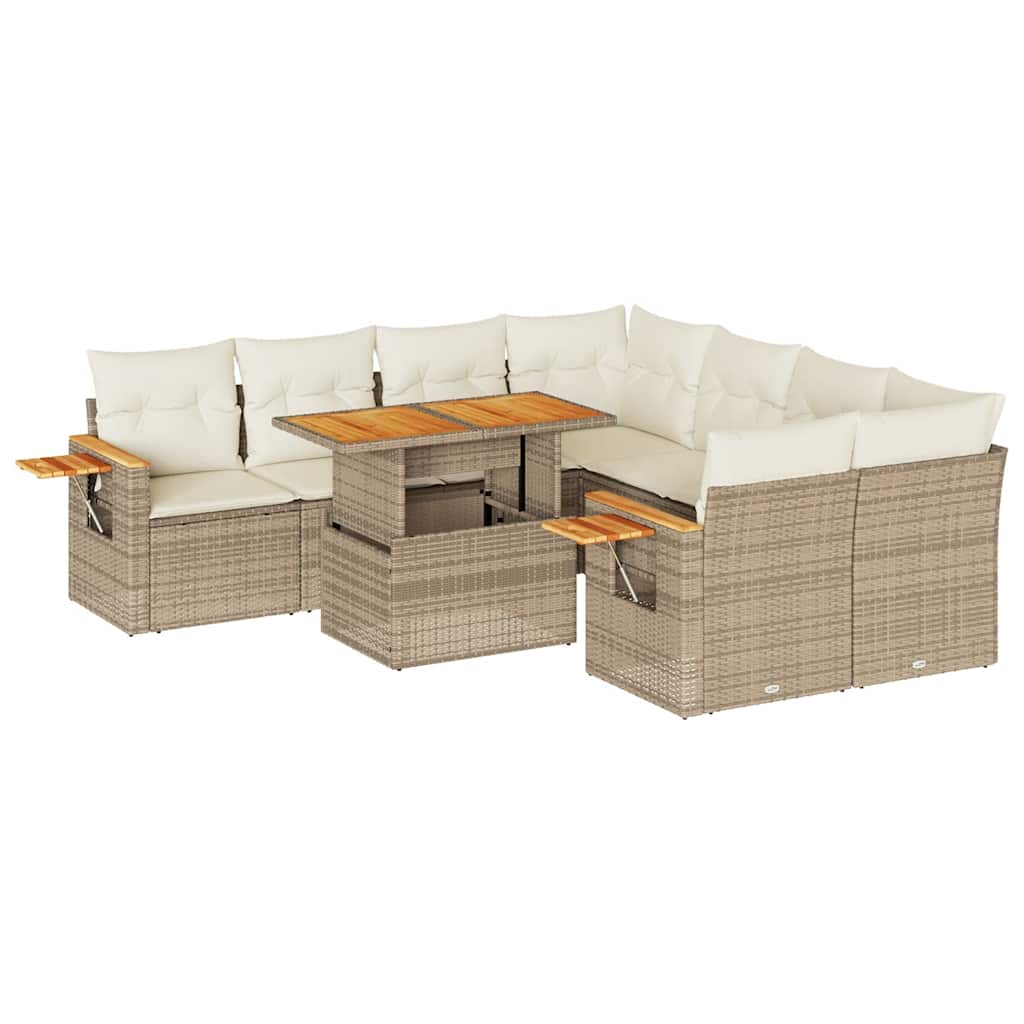 Set Divano da Giardino 9 pz con Cuscini Beige Polyrattan Acacia | homemem39